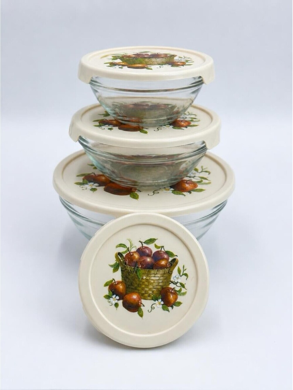 Vintage Fire-King Glass Bowl Set of 4 Apple Basket Plastic Lids Anchor Hocking